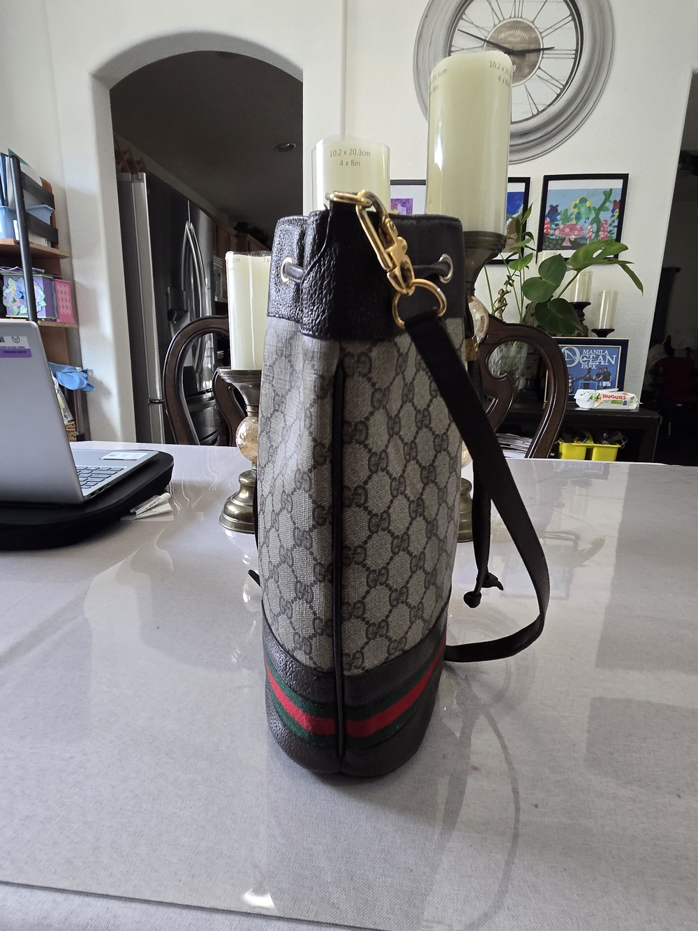 Gucci Beige GG Supreme Canvas Bucket Bag with Green and Red Web Stripe - Picture 8 of 8